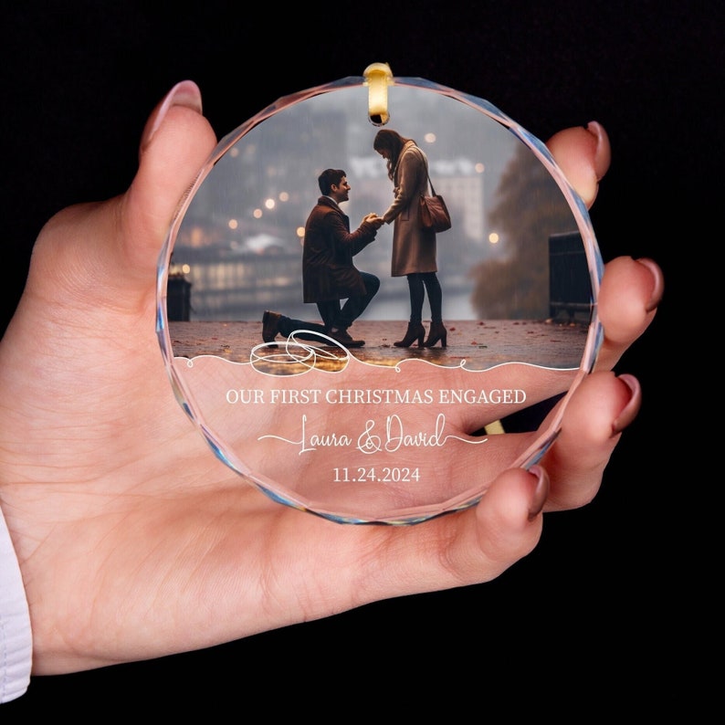 Personalized Engagement GLASS Christmas Ornament Our First Christmas Engaged Photo Ornament Marriage Proposal Gift