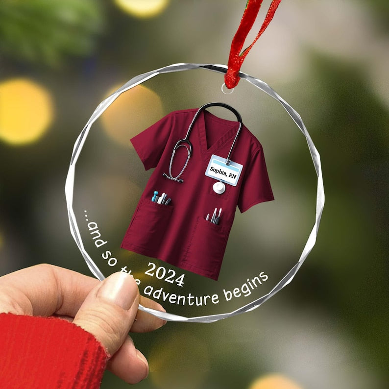 Personalized Scrubs Nurse Ornament, Doctor Christmas Glass Ornament, Healthcare Workers, Gift For Co-worker, RN Keepsake, BSN Costume Gift