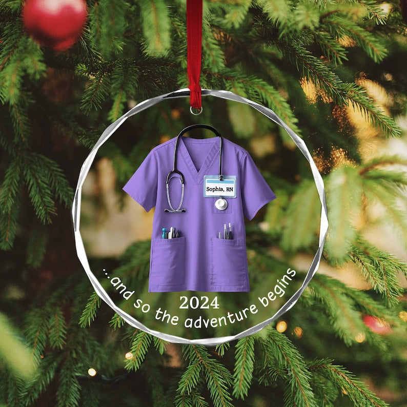 Personalized Scrubs Nurse Ornament, Doctor Christmas Glass Ornament, Healthcare Workers, Gift For Co-worker, RN Keepsake, BSN Costume Gift