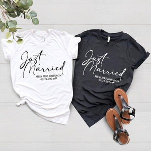 Just Married T-Shirt, Personalized Husband and Wife Couples Honeymoon T-Shirt, Finally Matching Wedding Tee, Mr and Mrs Any Name Any Date