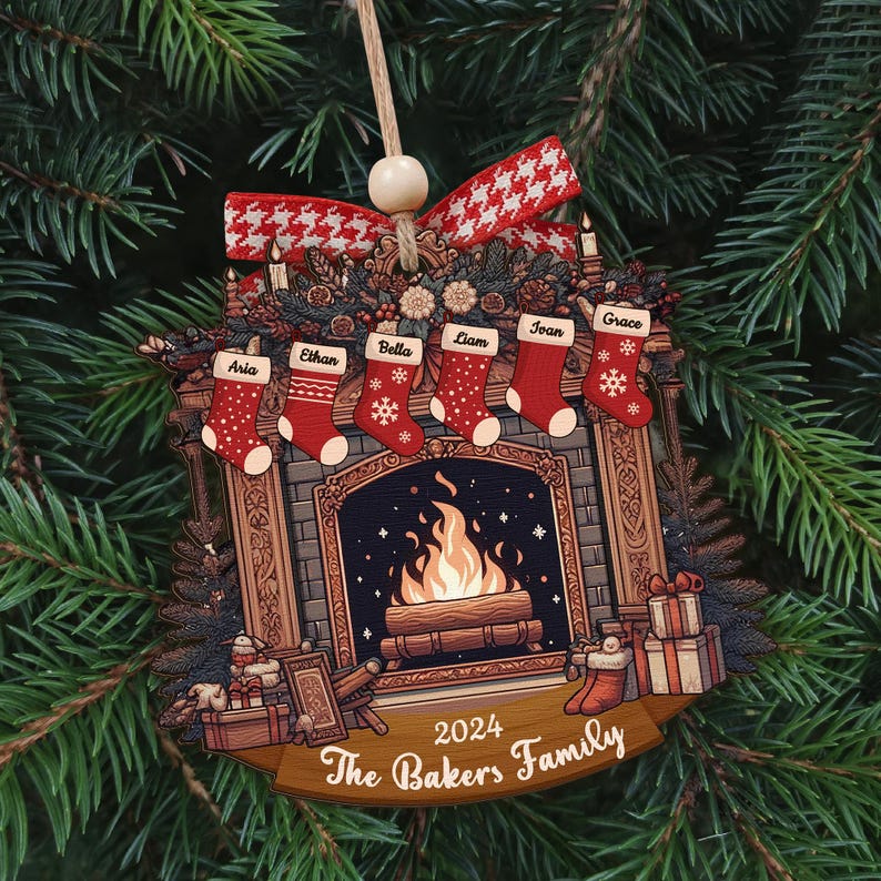 Custom Fireplace Ornament, Personalized Family Stocking Ornament, Wood Ornament, Family Keepsake, Family Stocking, 2025 Ornament