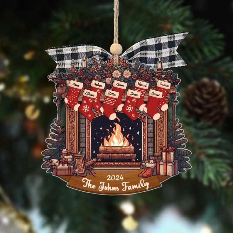 Custom Fireplace Ornament, Personalized Family Stocking Ornament, Wood Ornament, Family Keepsake, Family Stocking, 2025 Ornament