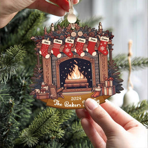 Custom Fireplace Ornament, Personalized Family Stocking Ornament, Wood Ornament, Family Keepsake, Family Stocking, 2025 Ornament