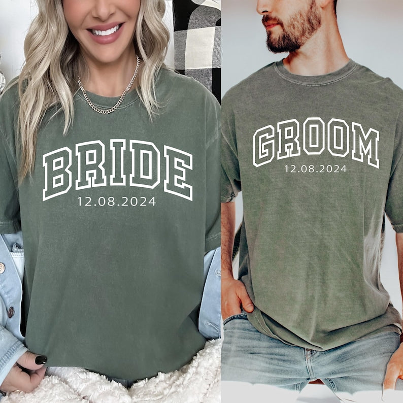 Custom Bride & Groom T-shirt, Personalized Engagement Shirt, Honeymoon Matching Bride And Groom Clothing, Wedding Party Tee