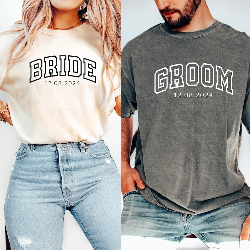 Custom Bride & Groom T-shirt, Personalized Engagement Shirt, Honeymoon Matching Bride And Groom Clothing, Wedding Party Tee