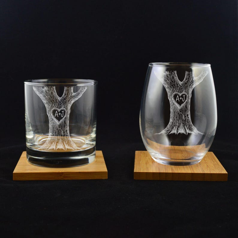 Couple Gift Carved Initials In A Heart Tree Engagement Gift Couples Engaged Couples Initials Glass Set Wedding Wine Gift Set