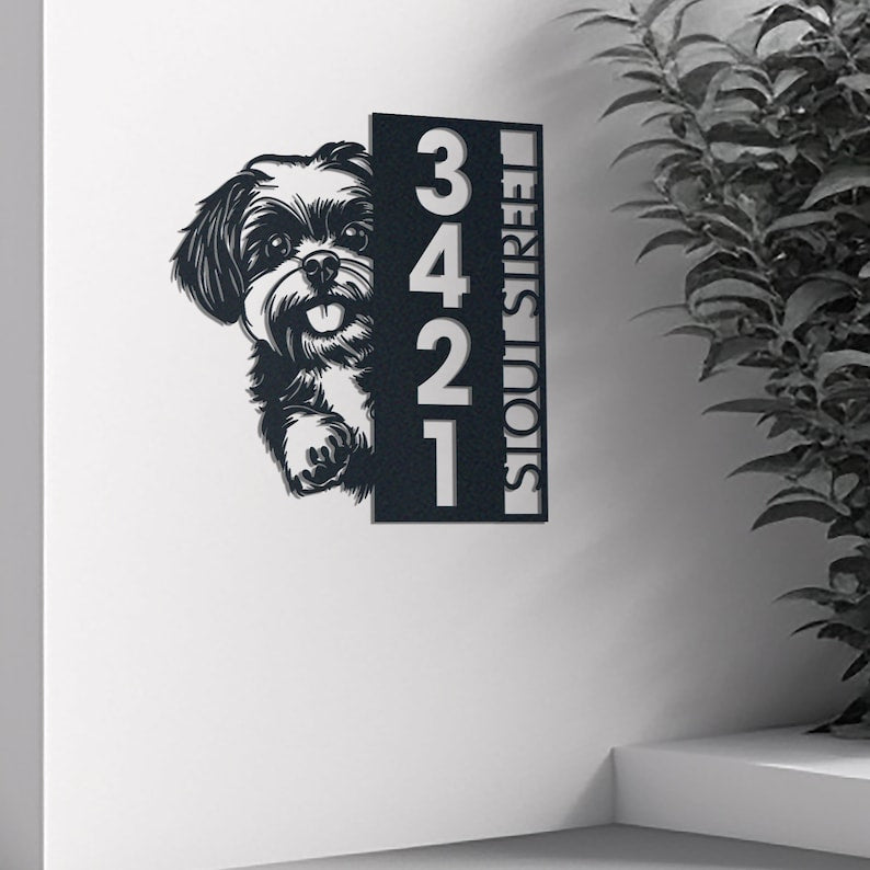 Dog House Number, Dog Address Sign, Shih Tzu Sign, Vertical House Number Plaque for Outdoor Use