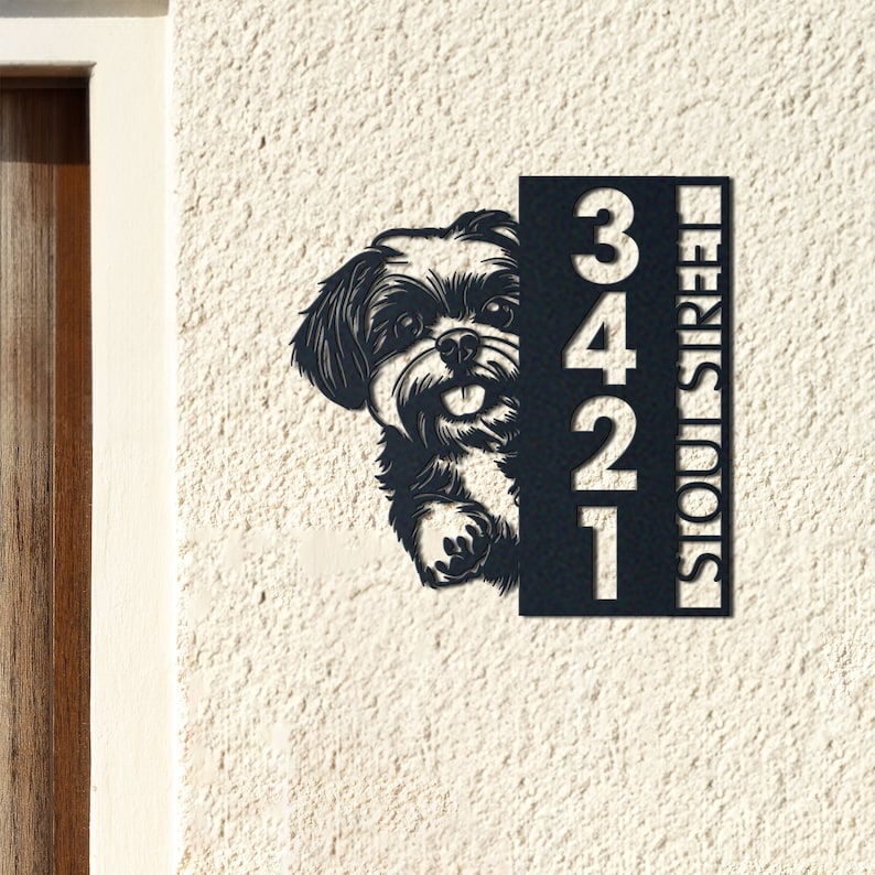 Dog House Number, Dog Address Sign, Shih Tzu Sign, Vertical House Number Plaque for Outdoor Use