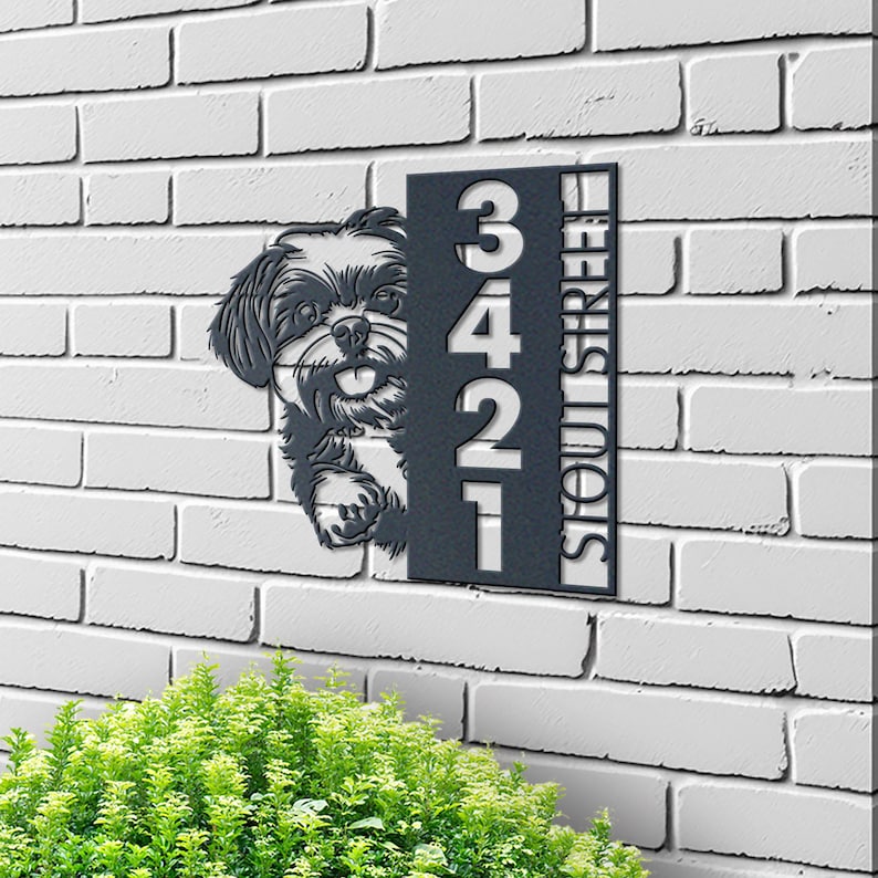 Dog House Number, Dog Address Sign, Shih Tzu Sign, Vertical House Number Plaque for Outdoor Use