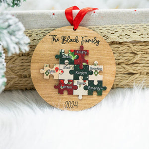 Pieces of our Family, Family Christmas Keepsake, 2024 Family Ornament Custom Puzzle, Family 2 Layer Wooden Ornament, Family Names Ornament