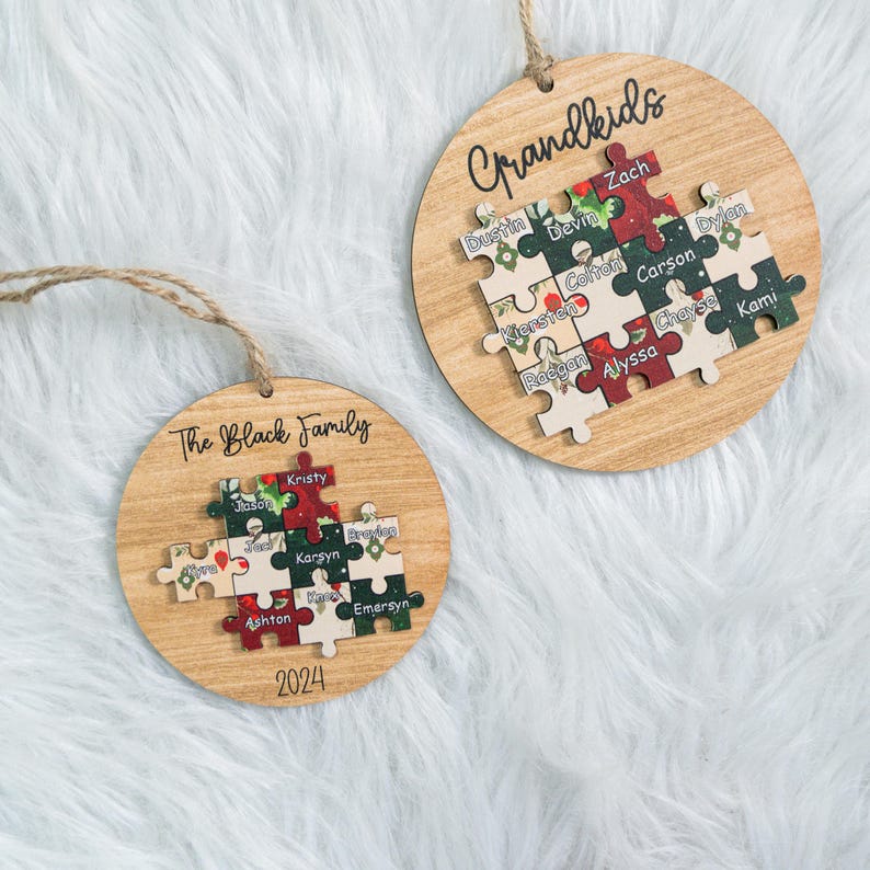 Pieces of our Family, Family Christmas Keepsake, 2024 Family Ornament Custom Puzzle, Family 2 Layer Wooden Ornament, Family Names Ornament