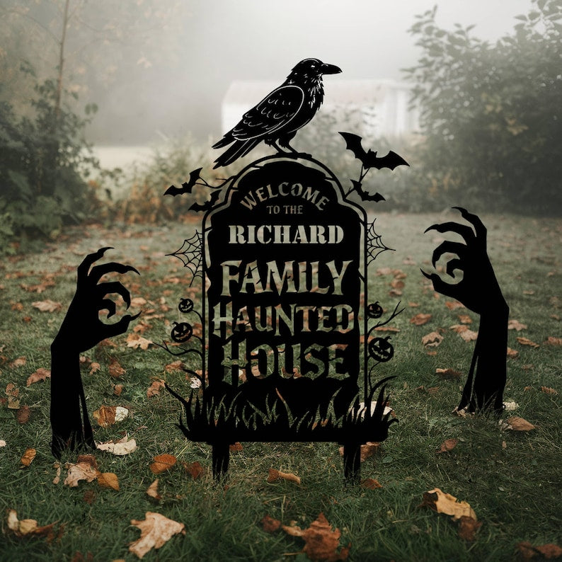 Personalized Halloween Metal Sign with Hands, Custom Gravestone Name Sign, Haunted House Yard Decor, Spooky Halloween Sign, Cemetery Stakes