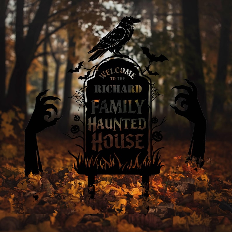 Personalized Halloween Metal Sign with Hands, Custom Gravestone Name Sign, Haunted House Yard Decor, Spooky Halloween Sign, Cemetery Stakes
