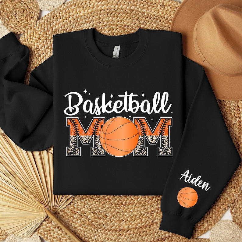 Custom Basketball Mom Sweatshirt, Game Day Sweatshirt, Mom Name on Sleeve Sweater, Sports Mom Gift, Personalized Basketball Hoodie, Mom Gift