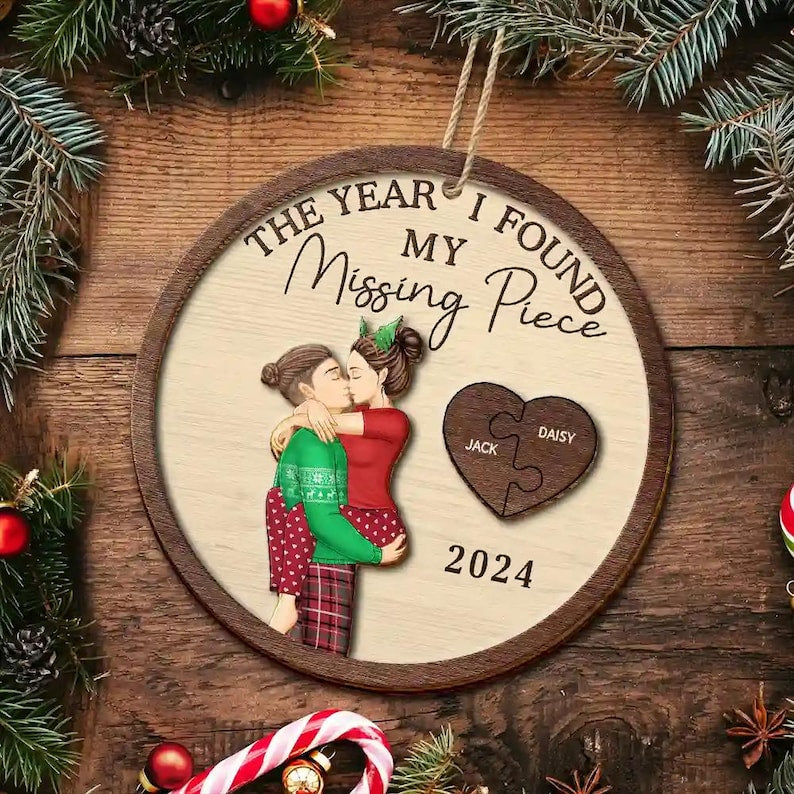 The Year I Found My Missing Piece Custom Couples 2-Layered Wooden Ornament, Couple Christmas Ornament, Newly Wed 2025 Gift, Christmas Decor