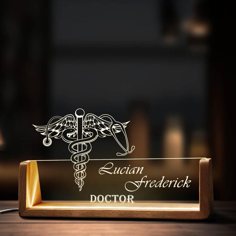 Custom Medical Symbol Desk Name Plate Personalized Nursing LED Light Wooden Base Acrylic Office Accessories Wood Name Sign Doctor Decor Gift