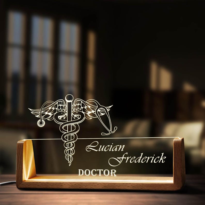 Custom Medical Symbol Desk Name Plate Personalized Nursing LED Light Wooden Base Acrylic Office Accessories Wood Name Sign Doctor Decor Gift