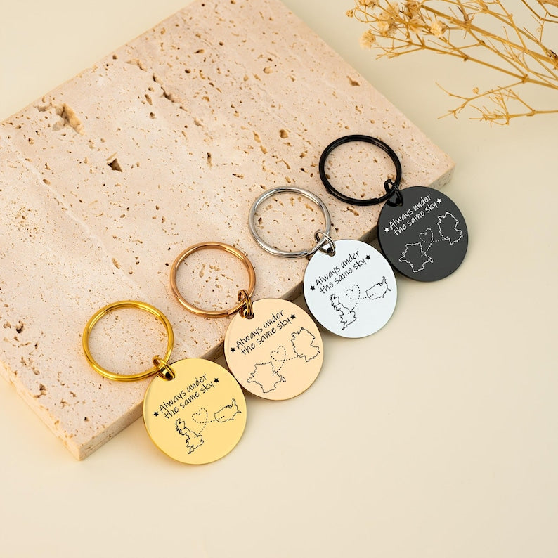 Custom Two Map Keychain,Always Under The Same Sky,Long Distance Relationship Gift,Going Away Gift,Couple Graduation Gift,Gift for Friend