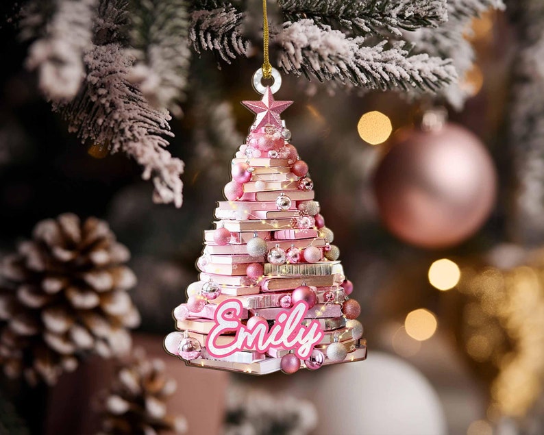 Personalized Christmas Book Tree Name Ornament, Custom Book Ornament, Book Lover Gift, Bookworm Gifts, Baby Girl Keepsake, Librarian Gifts