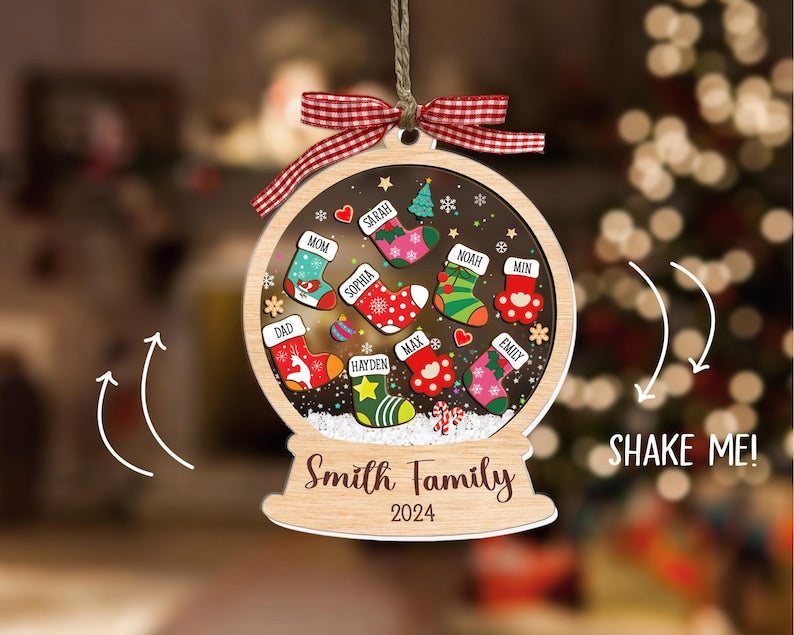 Custom Stocking Family Shaker Ornament, Personalized Family Christmas Ornament 2024, 4D Shaker Ornament, Family and Pet Ornament Keepsake