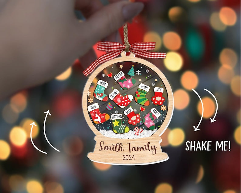 Custom Stocking Family Shaker Ornament, Personalized Family Christmas Ornament 2024, 4D Shaker Ornament, Family and Pet Ornament Keepsake