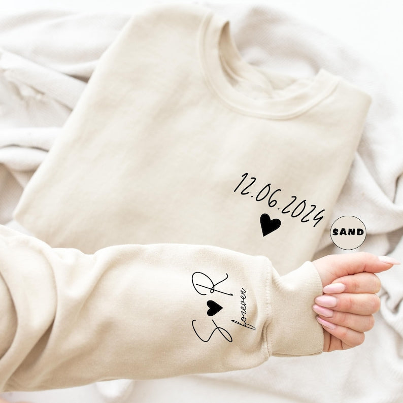Personalized Date Sweatshirt With Initials On Sleeve, Custom Couple Hoodie, Anniversaries Outfit, Matching Valentines Clothing, Wedding Gift
