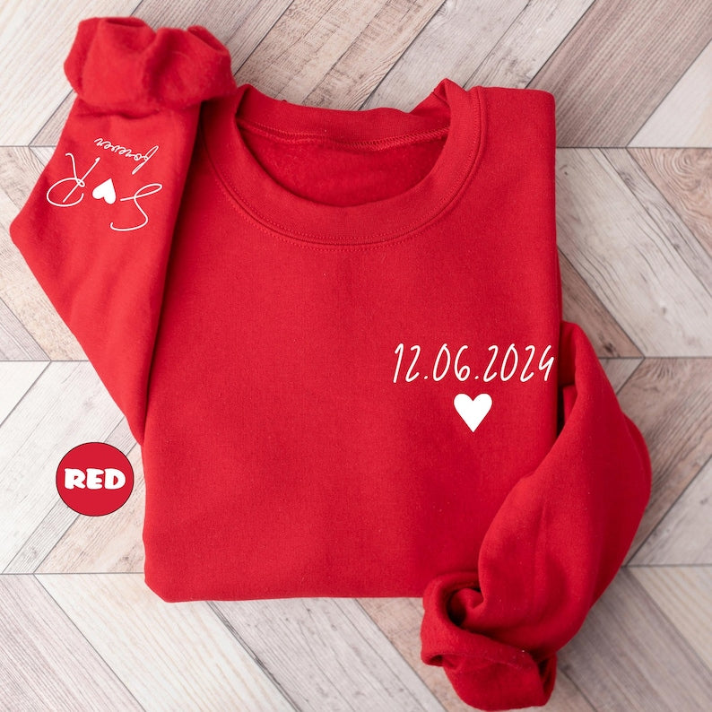 Personalized Date Sweatshirt With Initials On Sleeve, Custom Couple Hoodie, Anniversaries Outfit, Matching Valentines Clothing, Wedding Gift