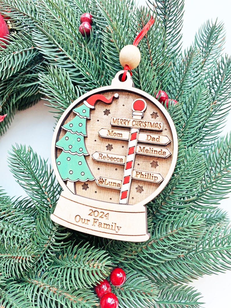 Personalized Family Christmas Ornament, North Pole Family Name Ornament Laser Cut, Christmas Tree ornament, Family Names 2-11