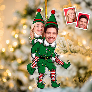 Personalized Couple Funny Elf Photo Ornament, Custom Funny Face For Husband Wife, Photo Gift For Valentine Christmas Anniversary Wedding