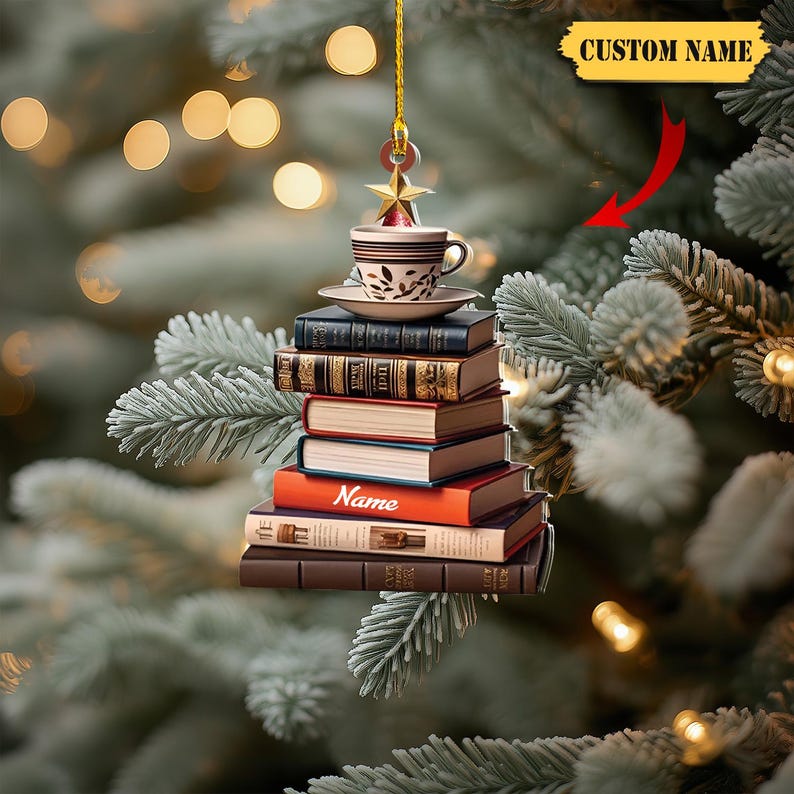 Personalized Books And Coffee Ornament, Bookshelf Ornament, Gift for Book Lovers, Book Lover Christmas Ornament Bookaholic Book Fan Ornament