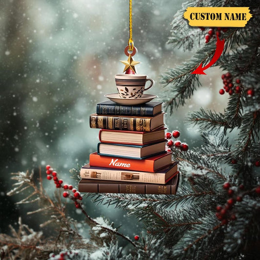 Personalized Books And Coffee Ornament, Bookshelf Ornament, Gift for Book Lovers, Book Lover Christmas Ornament Bookaholic Book Fan Ornament