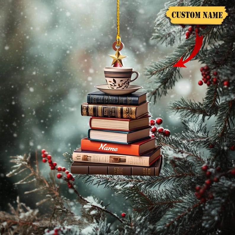 Personalized Books And Coffee Ornament, Bookshelf Ornament, Gift for Book Lovers, Book Lover Christmas Ornament Bookaholic Book Fan Ornament