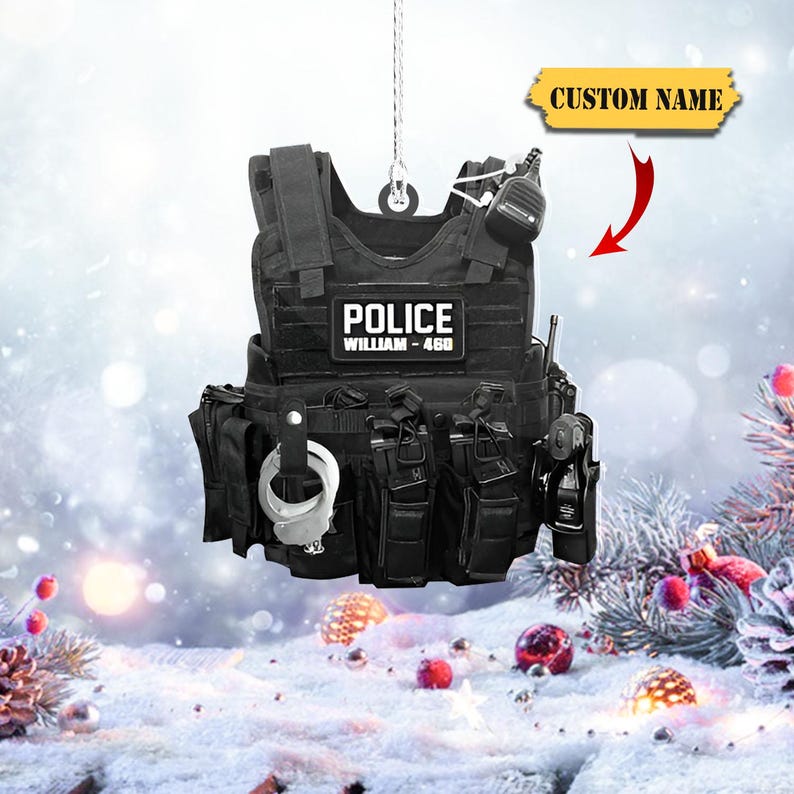 Personalized American Police Or Sheriff With Name And Number Christmas Acrylic Ornament 2D, Police Outfit Ornament Christmas Gifts