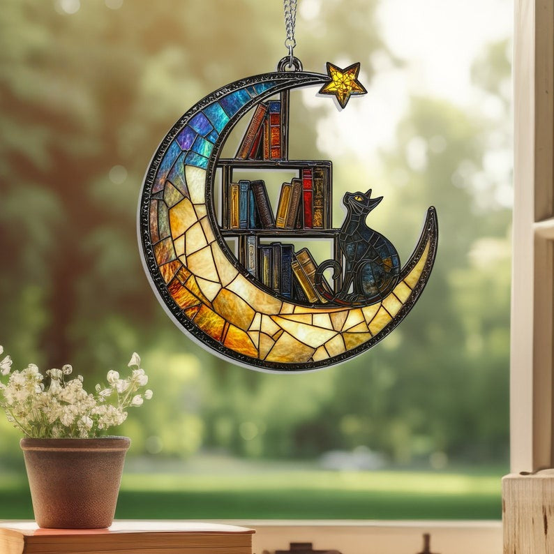 Cat Book On The Moon Acrylic Suncatcher Window Hanging, Book Window Decor, Book Lover Gifts, Book Ornament, Indoor Decor, Librarian Gifts