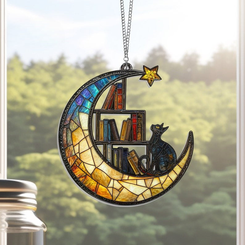 Cat Book On The Moon Acrylic Suncatcher Window Hanging, Book Window Decor, Book Lover Gifts, Book Ornament, Indoor Decor, Librarian Gifts