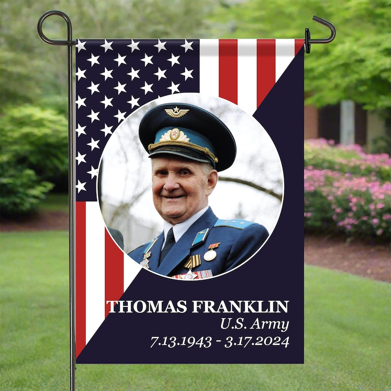 Veteran Memorial Garden Flag | US Army Veteran Yard Flag | Veteran Remembrance Flag with Photo | American Memorial Flag | Military Memorial
