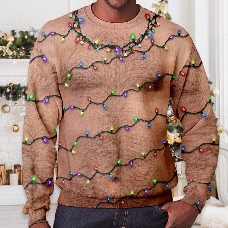 Hairy Chest Tattoos Bulbs Ugly Sweater Novelty Party Christmas Ugly Sweater, Ugly Sweatshirt, Christmas Gifts, Year End Party Ugly Sweater