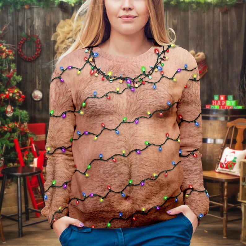 Hairy Chest Tattoos Bulbs Ugly Sweater Novelty Party Christmas Ugly Sweater, Ugly Sweatshirt, Christmas Gifts, Year End Party Ugly Sweater