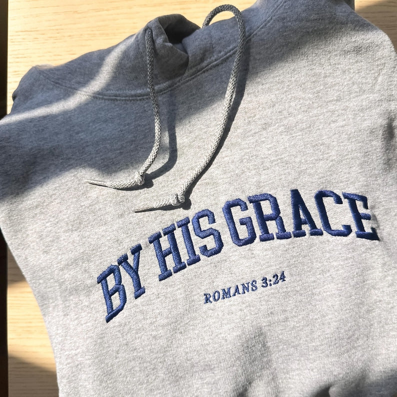 By His Grace | embroidered Christian hoodie vintage, Christian Men Gift, faith streetwear, aesthetic Christian gym apparel