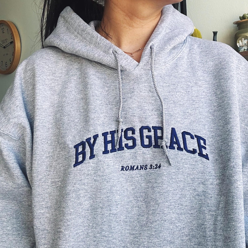 By His Grace | embroidered Christian hoodie vintage, Christian Men Gift, faith streetwear, aesthetic Christian gym apparel