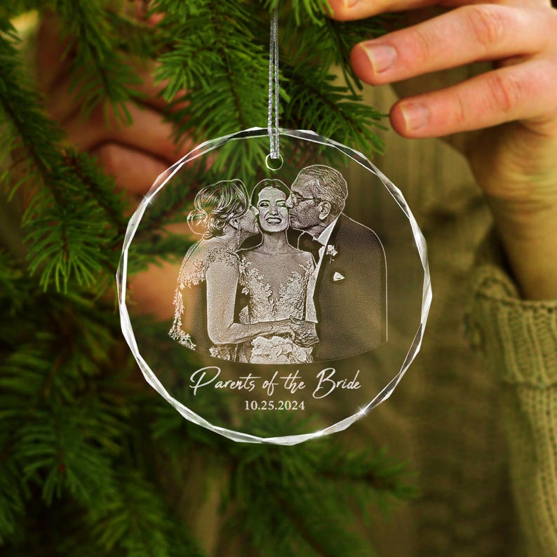 Custom Parents of the Bride Wedding Gift, Engraved Photo Wedding Ornament, Christmas Ornament Gift for Mom and Dad, Wedding Gift for Parents