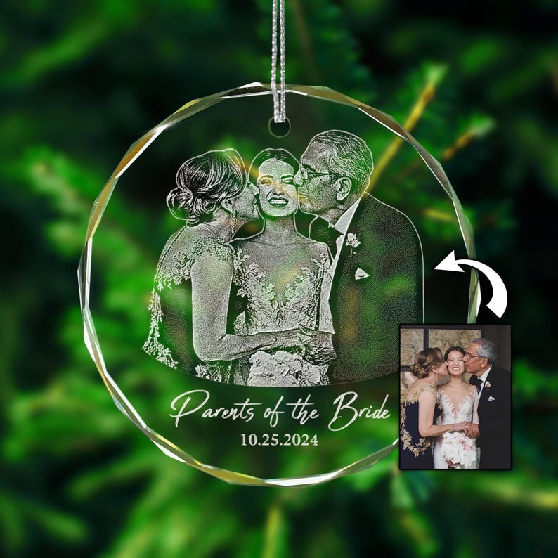 Custom Parents of the Bride Wedding Gift, Engraved Photo Wedding Ornament, Christmas Ornament Gift for Mom and Dad, Wedding Gift for Parents