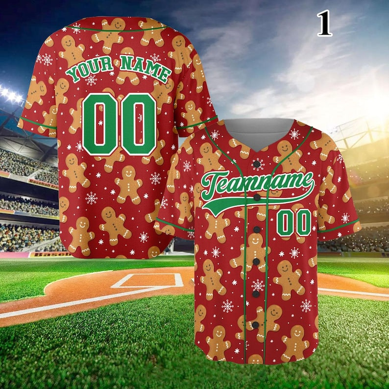 Personalized Christmas Gingerbread Pattern Baseball Jersey, Custom Name Number Christmas Jersey, Xmas Holiday Jersey,Christmas Baseball Team