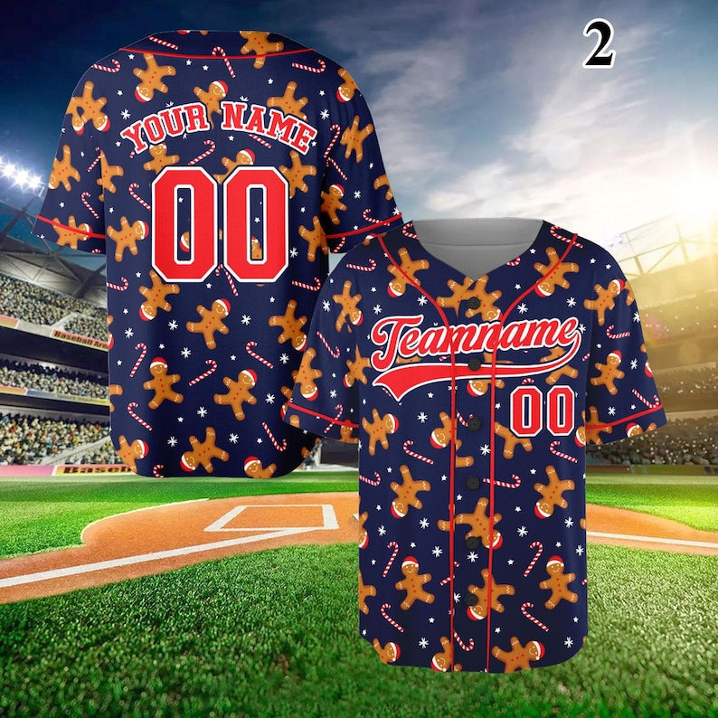 Personalized Christmas Gingerbread Pattern Baseball Jersey, Custom Name Number Christmas Jersey, Xmas Holiday Jersey,Christmas Baseball Team