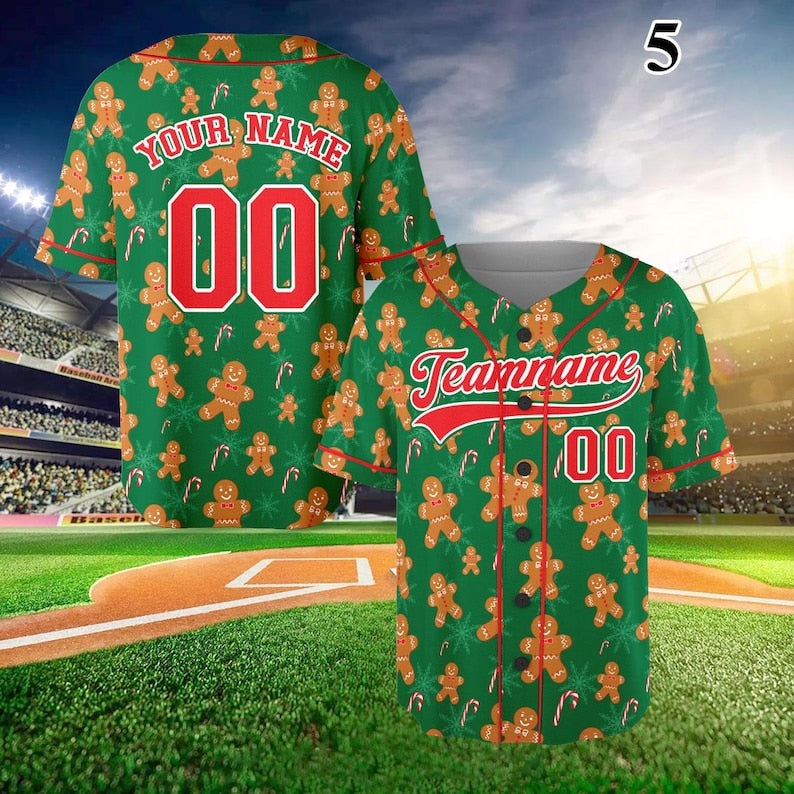 Personalized Christmas Gingerbread Pattern Baseball Jersey, Custom Name Number Christmas Jersey, Xmas Holiday Jersey,Christmas Baseball Team