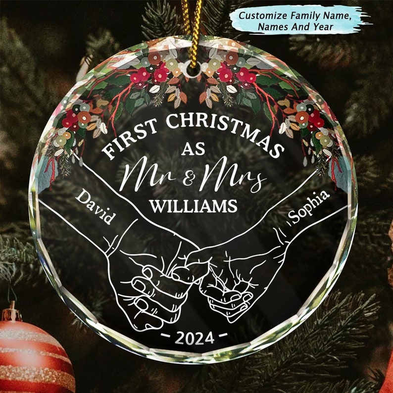 Holding Hands First Christmas Couple, Personalized Mr Mrs Circle Glass Ornament, Personalized Couple Christmas Ornament, Newly Wed 2024 Gift