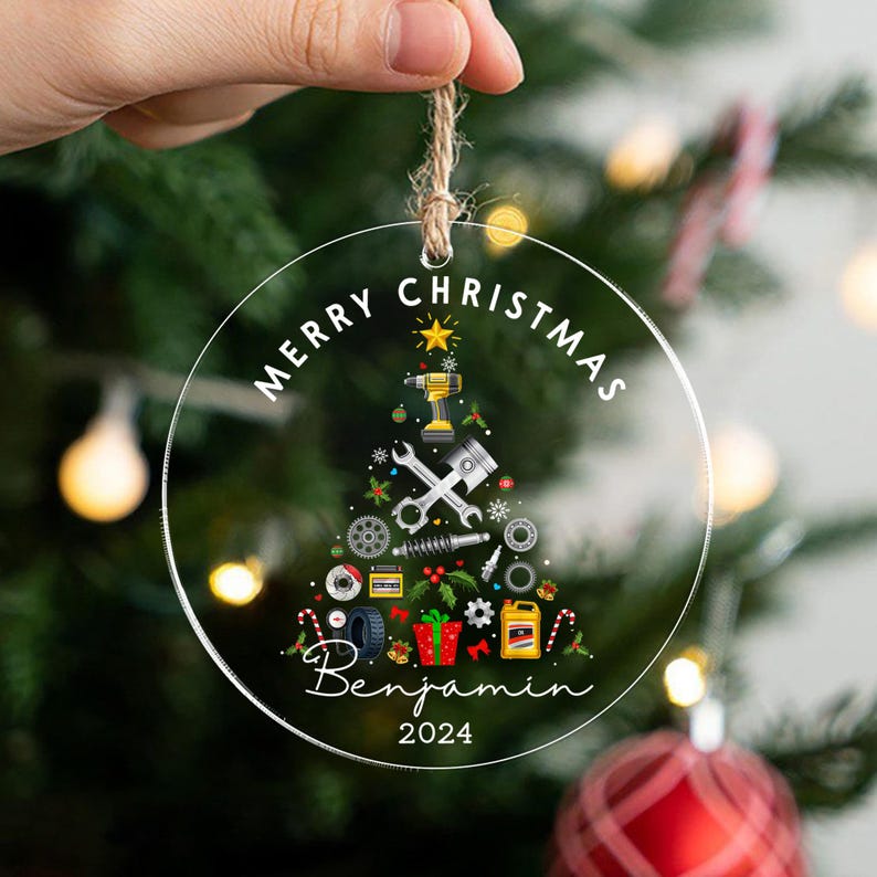Personalized Mechanic Christmas Ornament 2024, Custom Garage Ornament Automobile Repair Shop Gift Xmas, Repair Tool Kit Flat Ornament Decor