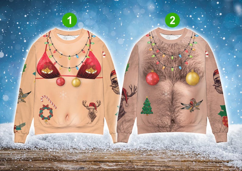 Chest Hair Bikini Ugly Christmas Sweater, Funny Festive Matching Sweatshirt, Couple Ugly Christmas Party Gift, Ugly Xmas Sweater Gift