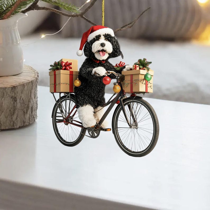 2D Flat Funny Bernedoodle Ornament, Bernedoodle Dog Riding a Bicycle, Cute Dog Car Hanging Ornament, Christmas Gifts, Dog Lover Gifts