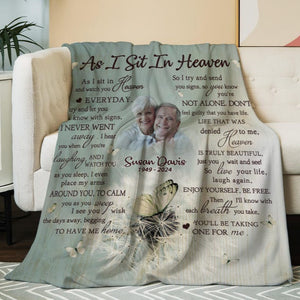 Personalized Loss Of Father Memorial Blanket, As I Sit In Heaven Blanket, In Memory of Dad Photo Memorial Blanket, Mom Dad in Heaven Blanket